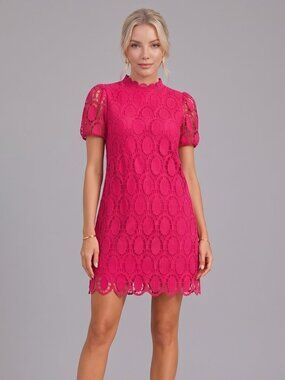 Women's Hot Pink Lace Mini Dress Puff Sleeve Cocktail Party Shift Dress